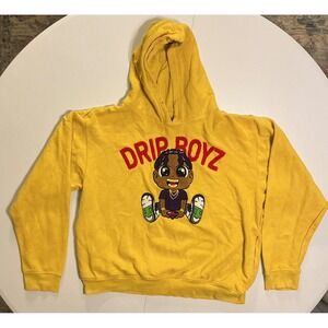 Drip Boyz FWRD Denim Raised Felt Graphic Yellow Hoodie Sweatshirt Mens L